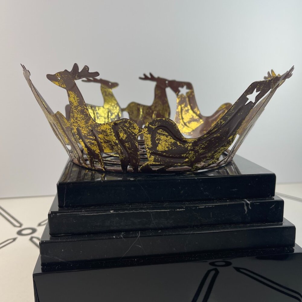 Vintage Style Metal Reindeer Sleigh Christmas Bowl Gold Distressed Brown 9.5in